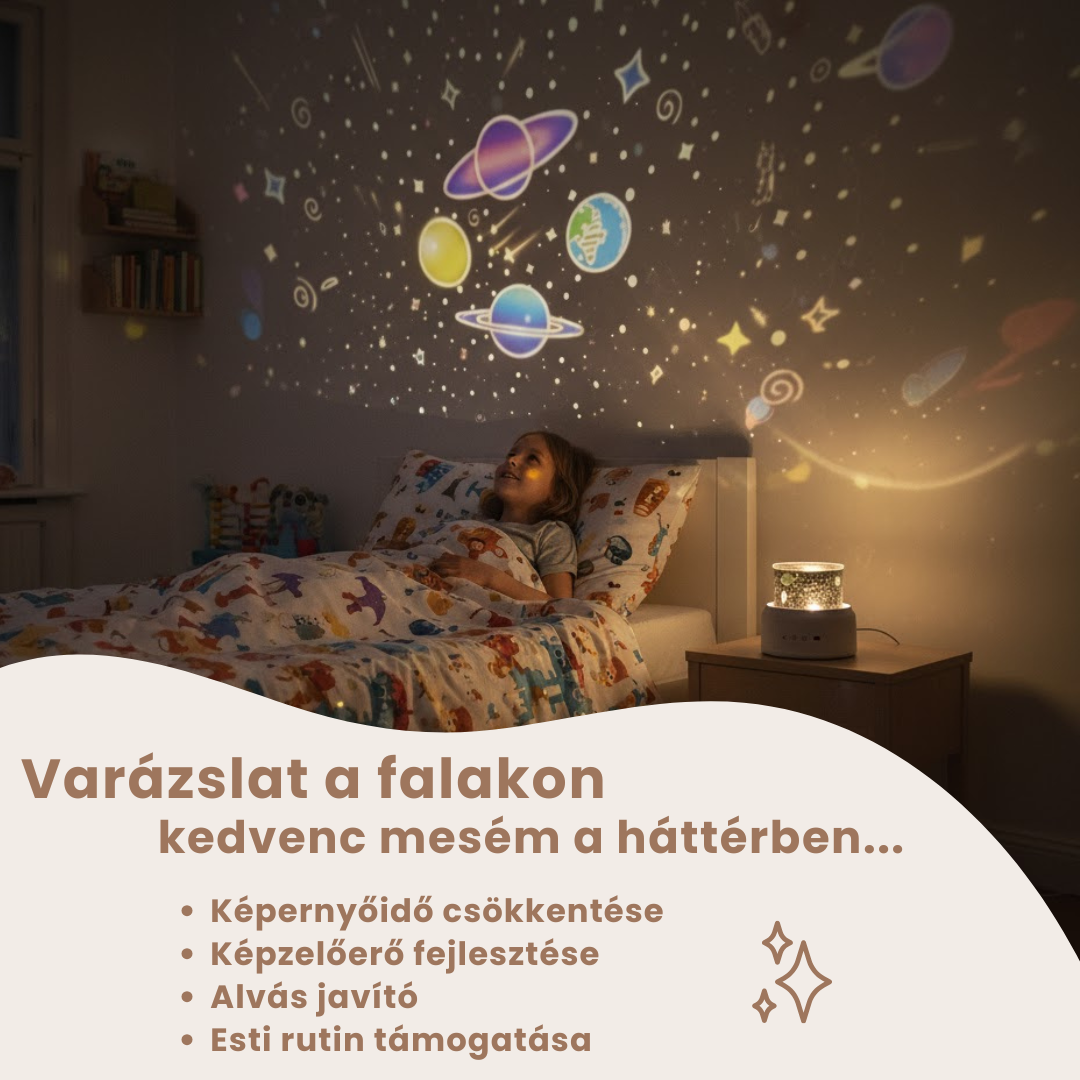 Mesekuckó - éjjeli lámpa projektor gyerekeknek esti mesemondáshoz fényjátékokkal